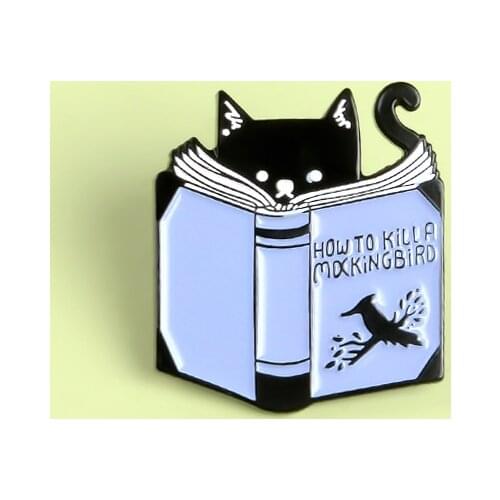 How to Kill A Mockingbird Reading Cat Pins Cartoon Black Witch Cat Animal Literary Masterpiece Soft Enamel Brooches Lapel Pins