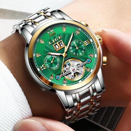 LIGE Genuine Watch Men Automatic Mechanical Tourbillon Watch Luxury Fashion Stainless Steel Sport Watches Mens Relogio Masculino