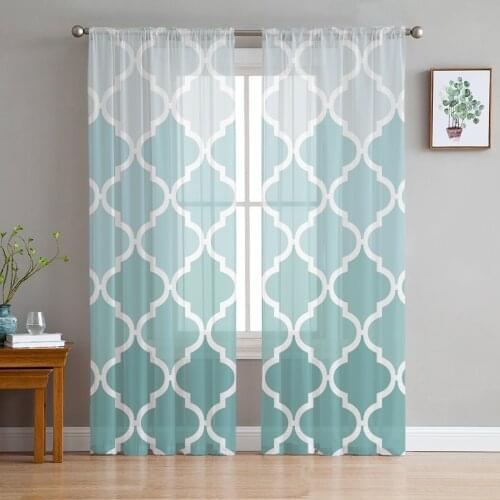 Geometric Blue Green Gradient Turquoise Curtains For Living Room Bedroom Transparent Tulle Curtains Window Drapes Sheer Curtain