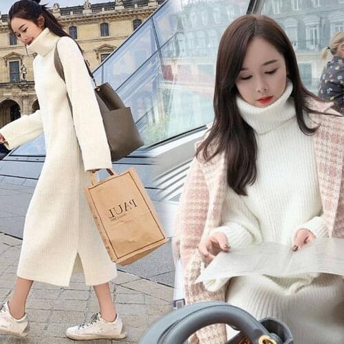 JuneLove Autumn Winter High Collar Warm Women Long Sweater casual lady Solid high waist Dress female elegant knitted vestidos