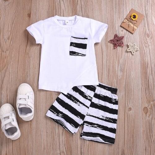 Baby boys clothing set top short sleeve cotton t shirt + stripe short pants pocket beach clothing kids toddler outfit digger