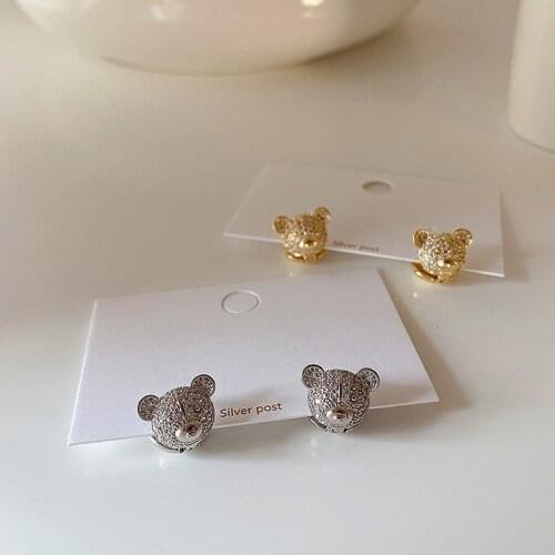 Korean Fashion Cubic Zircon Metal Little Bear Stud Earring for Women Gold Silver Color French Shiny Earring Jewelry Accessories