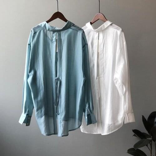 Summer 2021 Sunscreen Design Tencel Shirt Women Casual Shirts Thin Straight Loose Green Shirts Blue White Tops lacing
