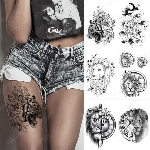 Rose Line Tiger Flowers Temporary Tattoo Sticker For Men Women Adult Wolf Fox Waterproof Fake Henna Lion Animal Body Art Tatoo