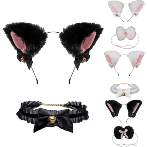 Fluffy Cute Girls Cat Ears Bells Headwear Accessories Necklace with Bells Furry Hairhoop for Cosplay Costume Accessories