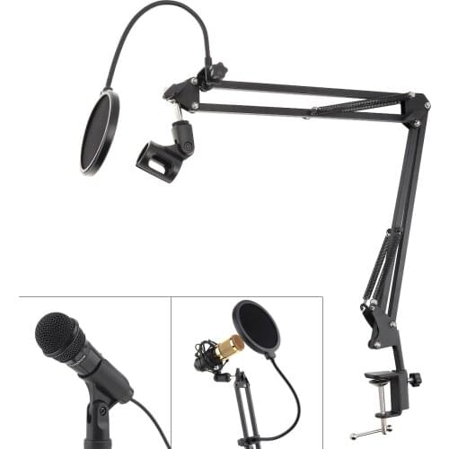 Multifunction Microphone Holder Bracket Adjustable Table Clip with Double Layer Mic Pop Filter for Broadcast Studio Speaking