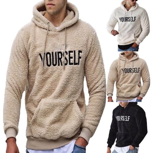 Mens Fuzzy Fleece Hoodies Casual Winter Warm Letter Printed Hooded Pullover with Kangaroo Pocket Male Thick Sweatshirt S-XXL