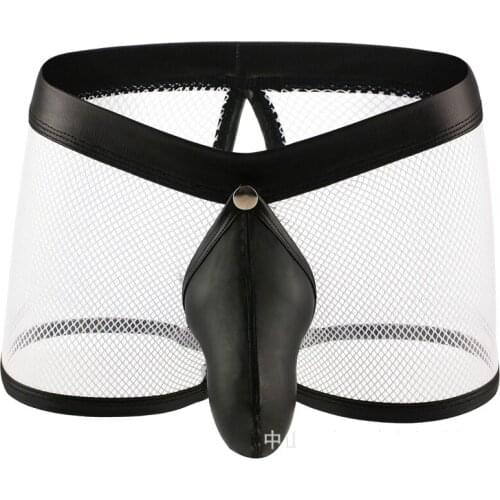 Men Mesh Boxers Ultra-Thin Hollow Out Transparent Homosexuality Open Crotch Gay Underwear U convex Penis Bag Jockstrap Underpant