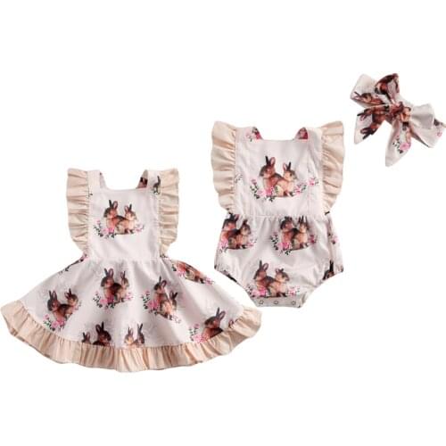 0-5Y Lovely Infant Kids Girls Romper/Dress Cartoon Rabbit Print Ruffles Sleeve Jumpsuits Headband Or A-Line Dress