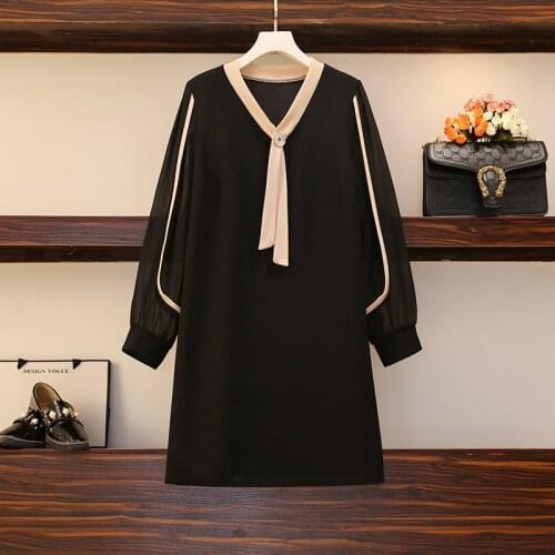 Plus size women elegant vintage bow collar mini dresses women korean long sleeve spring solid A-line dresses women vestidos