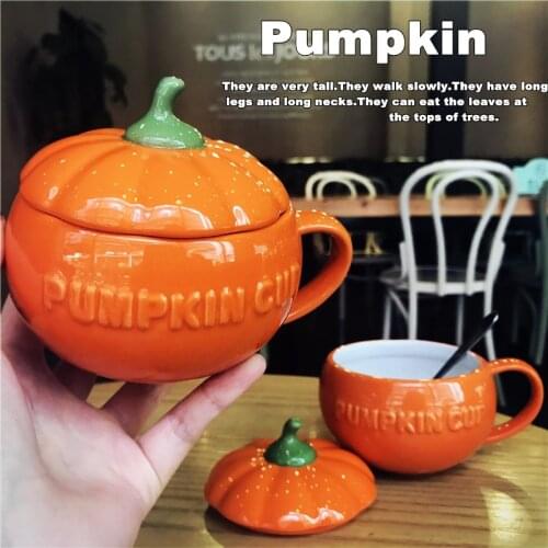 Cute Pumpkin Cups Coffee Milk Mugs with Lid and Spoon Creative Cartoon Child Home Breakfast Cup 3D Ceramic Mug Christmas Gifts