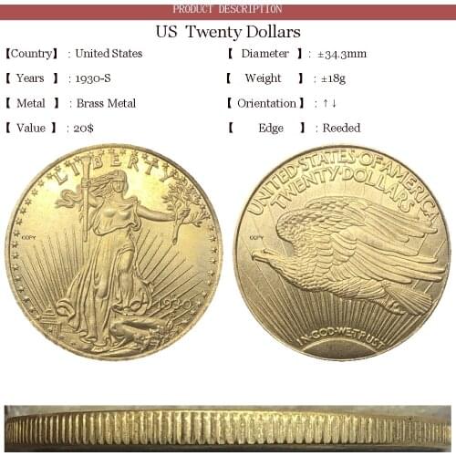 United States America 1930 S Liberty Twenty 20 Dollars Saint Gaudens Double Eagle With Motto In God We Trust Gold Copy Coin