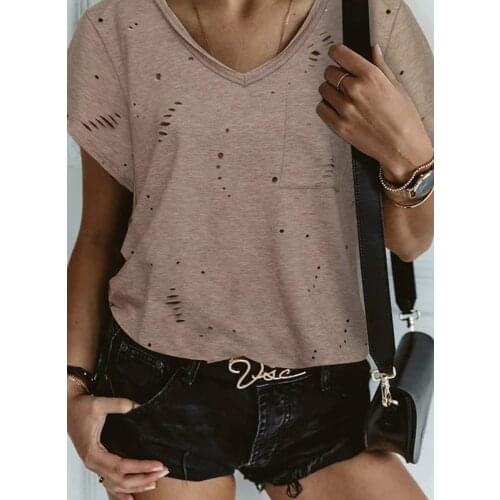 Khaki Ripped Pocket Tee Women V Neck Short Sleeve Cut Hollow Out Casual T Shirt Tops