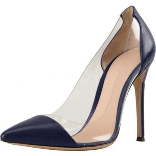 Womens Party Shoes Nightclub Pump Clear PVC Transparent +leather Pumps Pumps Stilettos High Heels Pointed Toes Size 35-46 D047A