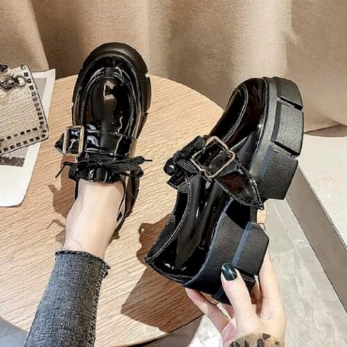 Black Thick-Soled Small Leather Shoes Spring And Autumn New Fashion Korean Low-Top Lace-Up Ladies Single Shoes