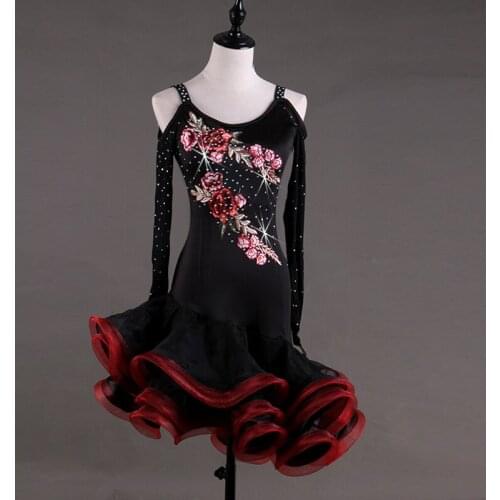 New Long Sleeves Latin skirts salsa tango Cha cha Embroidery Ballroom Competition Ruffle Style Evening party Dance Dress