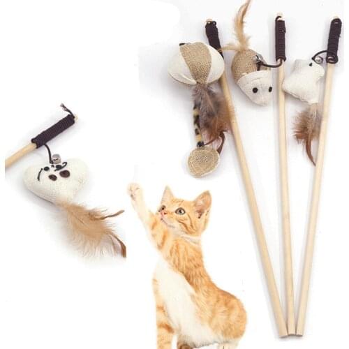 Funny Cat Stick Wooden Fishing Rod Mouse Funny Cat Pole Interactive Cat Toy Wood Pole Feather Pet Toy Cat Accessory