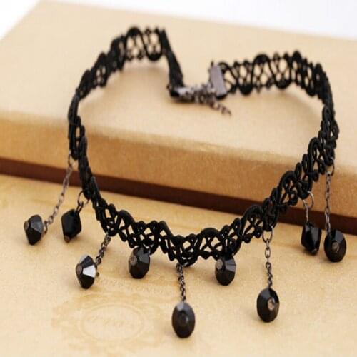 Womens Black Beads Pendant Crystal Bib Chain Sexy Lace Choker Necklace Collarbone Jewelry Accessories