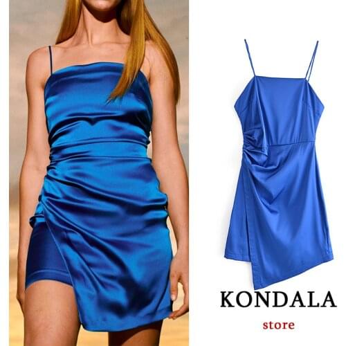 KONDALA Za 2021 Chic Blue Stain Pleated Mini Dress Women Side Split Backless Sexy Cami Dress Stylish Elegant Mujer Vestidos