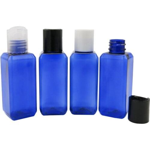 100pcs/lot 50ml Empty Blue Square PET Lotion Cream Shampoo Bottle Travel Portable Plastic Bottle with Clear/White/Black Disc Cap