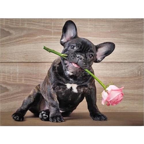 5D Full Square Round Drill Diamond Painting French Bulldog Mosaic Diamond Embroidery Cute Dog Rose Flower Cross Stitch Kit Decor