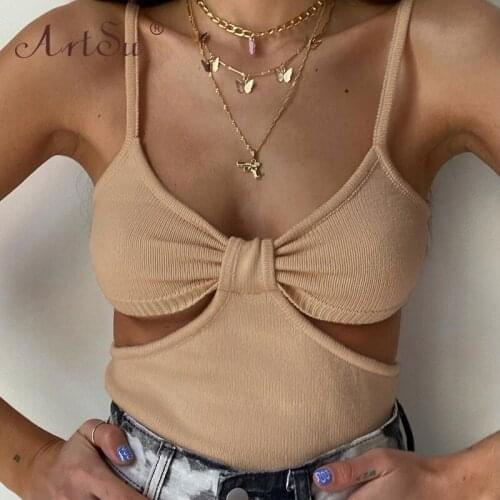 ArtSu Women Hollow Out Camis Tops Summer Black Sexy Backless Basic Crop Tops Streetwear Fashion Spaghetti Strap Slim Camisole