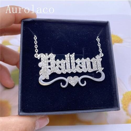 AurolaCo Custom Name Necklaces with Rhinestone Pendant Letters Necklace for Women Personalized Chain Jewelry Gift