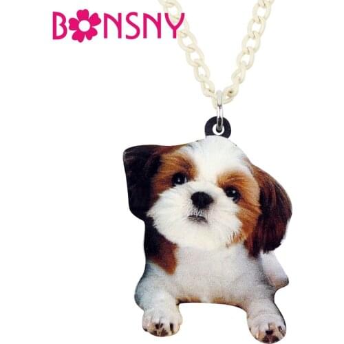 Bonsny Acrylic Cartoon Chinese Shih Tzu Dog Necklace Pendant Collar Chain Choker Animal Pets Jewelry For Women Girls Gift Bijoux