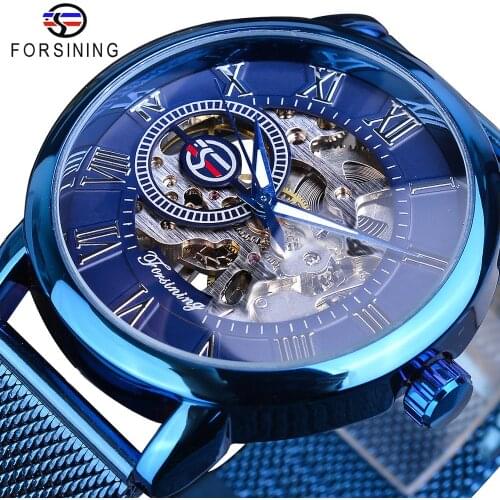 Forsining New Arrival Blue Mechanical Watch Mens Casual Fashion Hand Wind Ultra Thin Slim Mesh Steel Belt Sports Watches Relogio