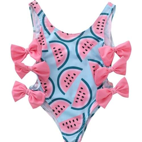 Newborn Baby Girl One-piece Swimsuit Kids Swimwear Watermelon Print Bathing Suit with Bowknot Cute Infant Baby Beachwear 0-4Y