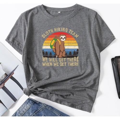 Sloth Hiking Team We Will Get There Woman T-Shirt Short Sleeve T-Shirts Summer Tops for Women Cotton Graphic Tee Female Clothes
