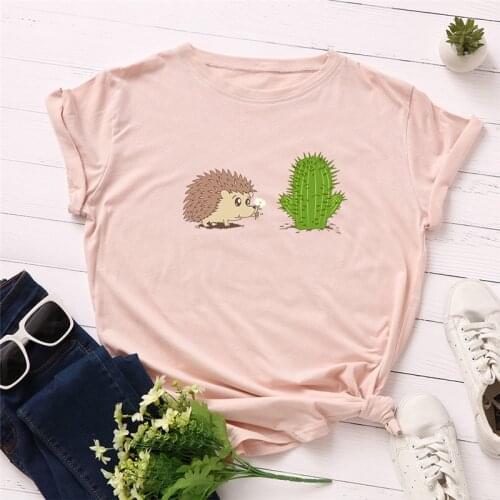 Plus Size T-shirts S-5XL Cute Cactus Print TShirt Women Shirts 100%Cotton O Neck Short Sleeve Tees Summer T Shirt Women Tops