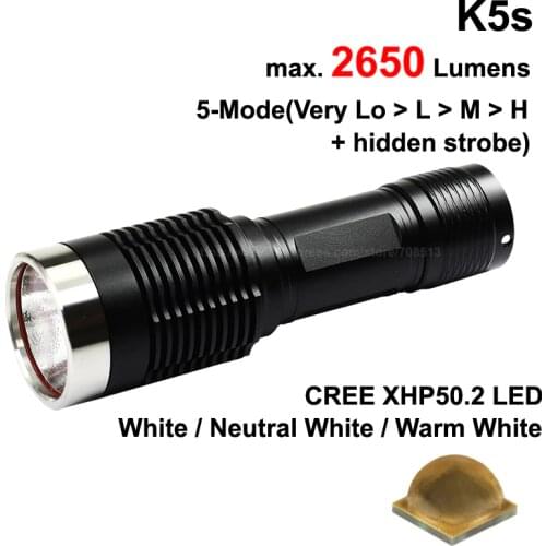 K5s Cree XHP50.2 White 6500K / Neutral White 5000K / Warm White 3000K 2650 Lumens 5-Mode LED Flashlight - Black ( 1x26650 )