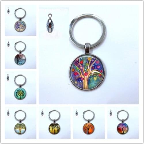 Life Tree Glass Cabochon Statement key chain Pendant Jewelry Vintage Silver Double-sided glass key ring