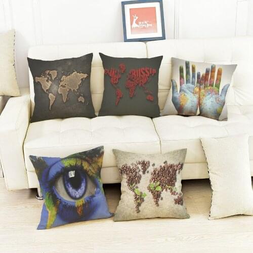 World Map Personality Coloured Drawing Style Pattern Cushion Cotton Linen Sofa Seat Throw Pillows Home Decorative Pillowcase
