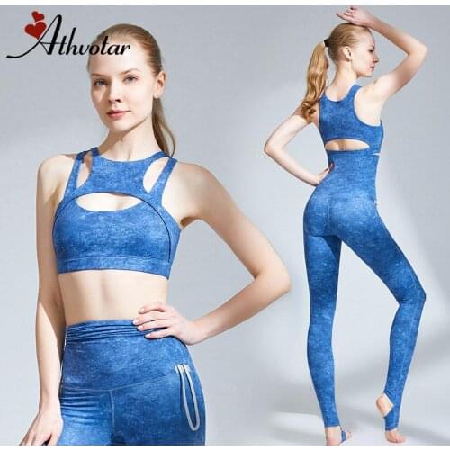 ATHVOTAR Seamless Yoga Sets Women Gym Clothes High Waist Elastic Drawstring Sport Set Women Printed Backless Fitness Set