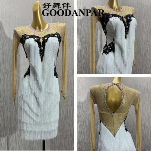 Latin dance dress fringes latin dress round neck Latin dance costume skin mesh close back new latin dancing wear GOODANPAR