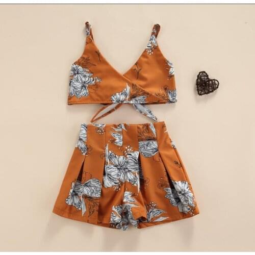 Summer Kids Girls Floral Print Clothes Set Sleeveless V-neck Lace-up Cropped Tops Short Pants Beachwear Childrens Sets