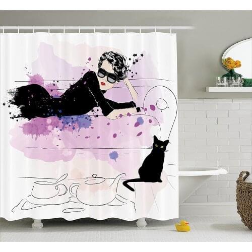 Fashion House Decor Shower Curtain Girl with Sunglasses Lying on Couch Cat Elegance in Home Theme with Stains Bathroom Curtains