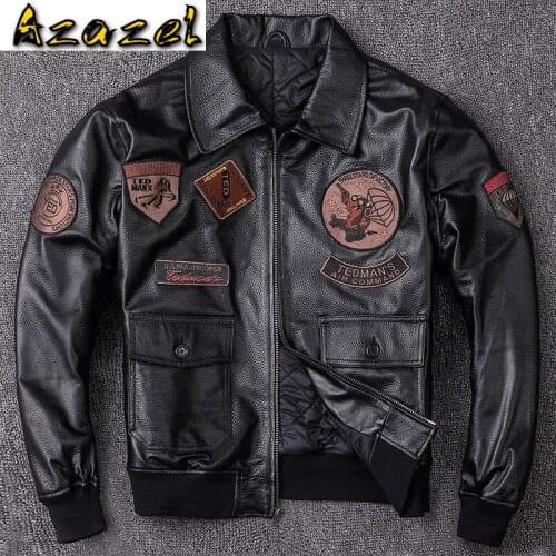 Azazel Mens Leather Jacket Autumn Winter Sheepskin Coat Motorcycle Genuine Leather Jackets Plus Size Short Flight Jacket KJ2298