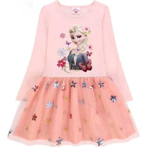 Disney Autumn Long Sleeve Princess Dress Elsa Anna Printed Sequins Mesh Girls Costume Fall Little Girls Clothing Kids Outfits