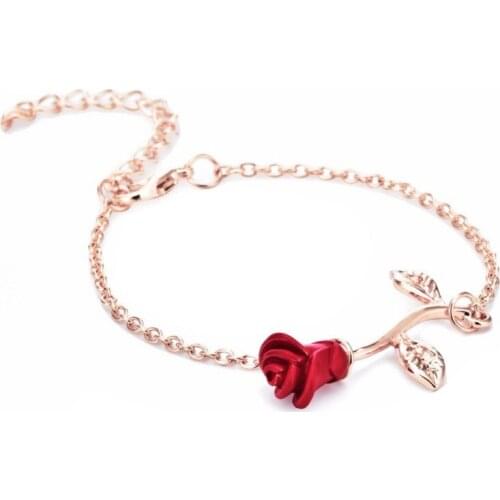 Romantic Red Rose Simple Adjustable Chain Bracelet For Valentines Day Birthday Wedding Present Best Gift