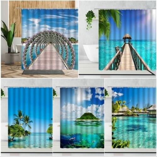 Romantic Sea Scenery Shower Curtain Holiday House Promenade Palm Tree 3D Print Home Decor Curtains Set With Hooks Bathtub Screen