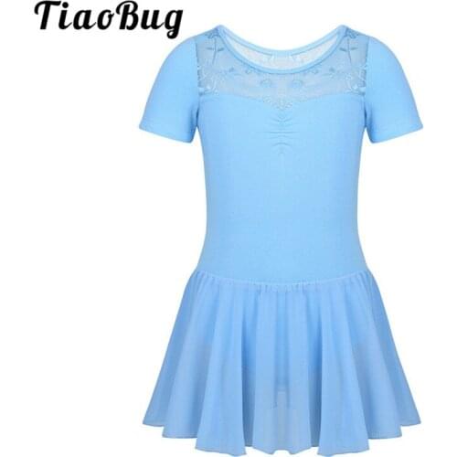 TiaoBug Kids Girls Professional Ballet Tutu Dance Leotard Dress Short Sleeve Lace Splice Gymnastics Leotard Stage Dance Costume