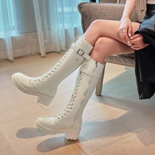 2021 New Vogue Platform Knee High Boots Women Autumn Winter Lace Up Pu Leather Fashion Riding Boots Thigh High Women Shoes Hot