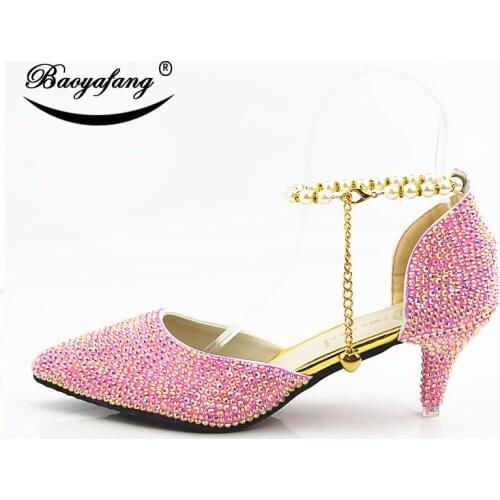 2019 New arrival Pointed toe Wedding shoes 6cm Woman Pink AB crystal party dress shoes Fashion lace-up shoes Ladies Party Shoes