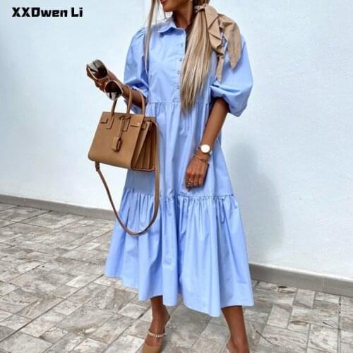 Summer Half Sleeve Splicing Button shirt Long Dress For Women Casual Lantern sleeve Loose white Shirt Dress Woman Midi Dresses