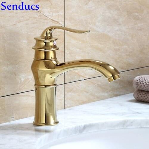 Senducs Gold Bathroom Mixer Faucet Single Handle Gold Basin Sink Faucet Quality Brass Hot Cold Bathroom Basin Water Tap