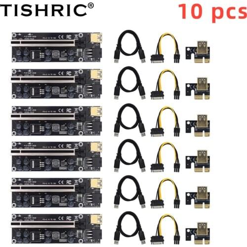 10Pcs TISHRIC VER009s Plus Riser Card USB 3.0 Riser Cable Express 1X To 16x Extender SATA 15pin To 6pin Power Mining