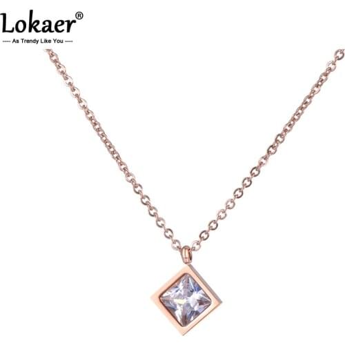 Lokaer Stainless Steel Pendant Necklace AAA Square Zircon Rose Gold Color Jewelry Fashion Gift For Women New Year Gift N18268
